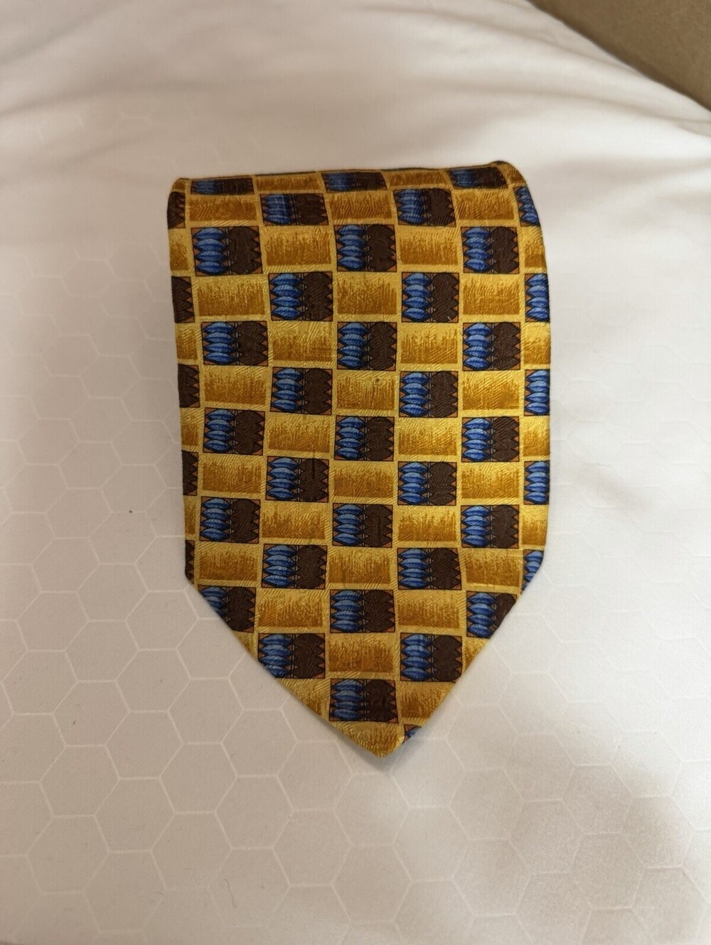 👔 Ermenegildo Zegna Tie Gold Blue Brown Geometric Woven Made in Italy 🔥